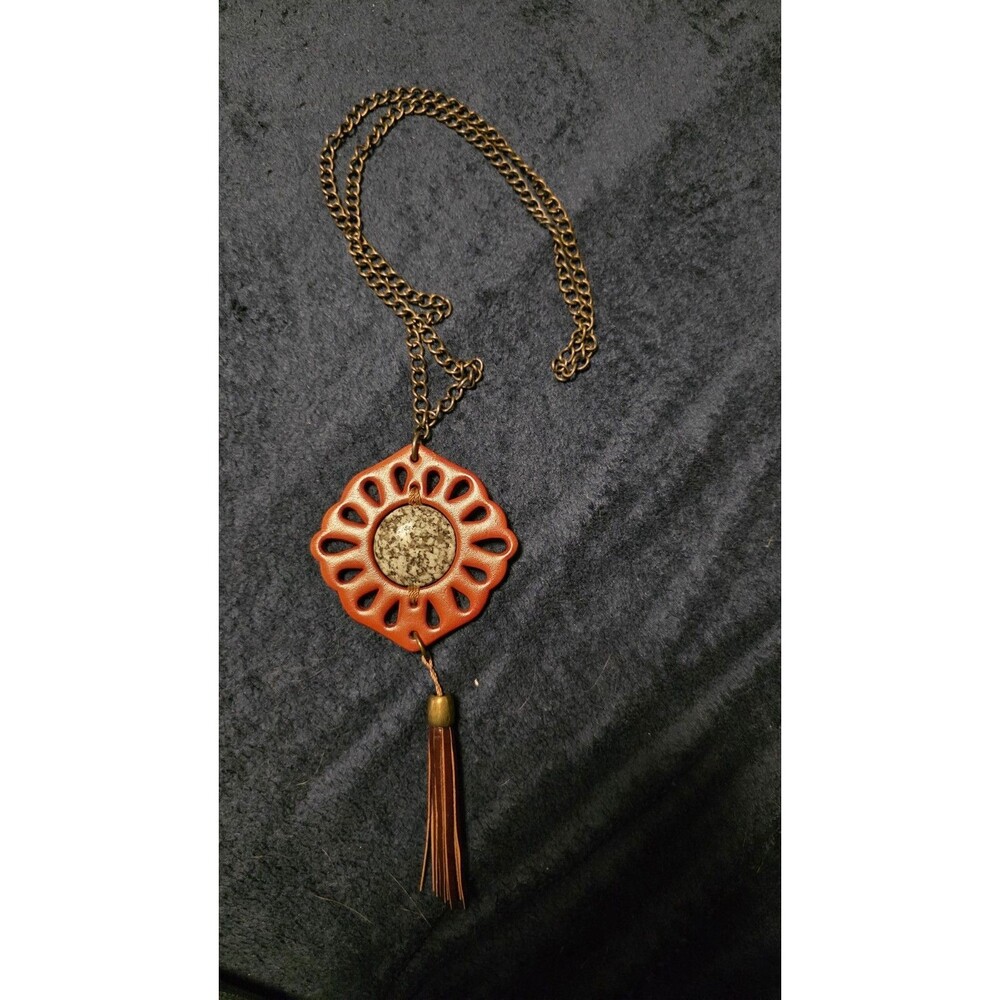Boho Statement Necklace Orange Pendant Stone Center Tassel Antique Gold Chain